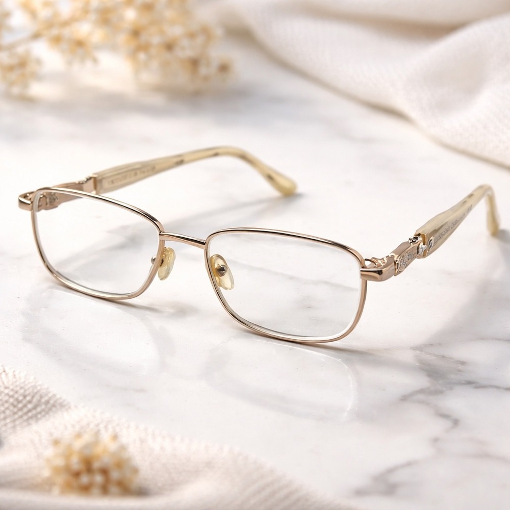 Vintage Librarian Eyeglasses Côte d'Azur 53-17-135 Gold Metal Rhinestone Italy